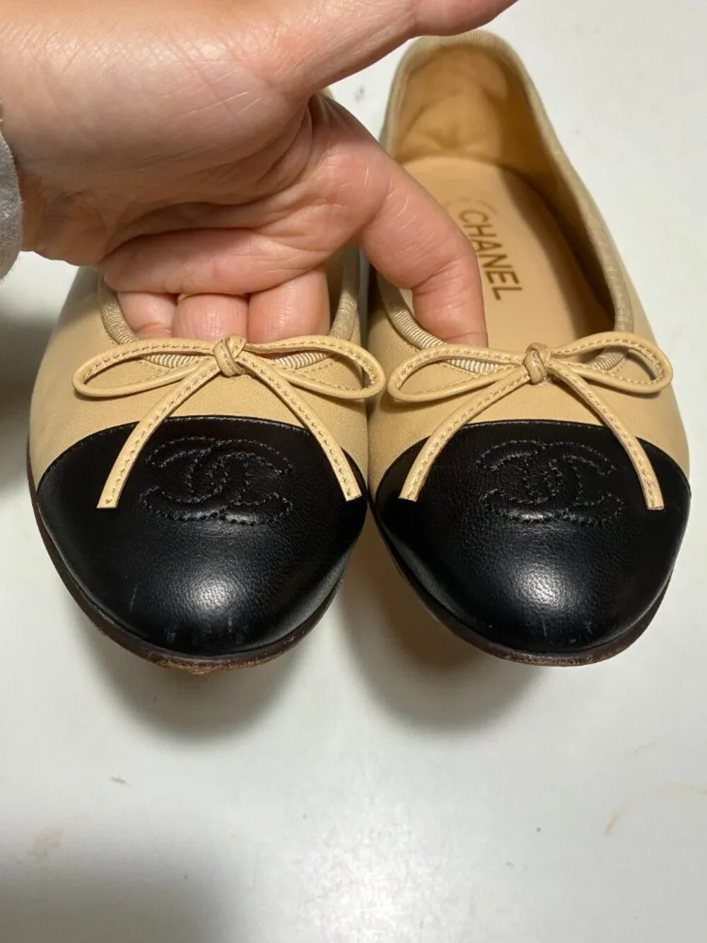 Chanel Classic Beige Black Ballet Flats 35.5